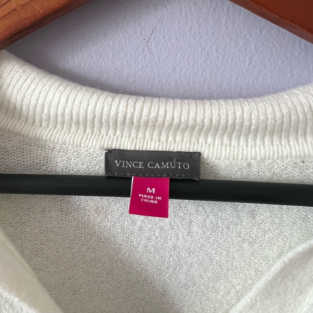 Vince Camuto Black & Cream Striped V‑Neck Collared Sweater - Picture 3 of 6